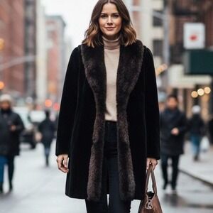 Vintage 80s Monterey Fashions Sz 14 $325 Black Velvet Faux Fur Shawl Collar Coat